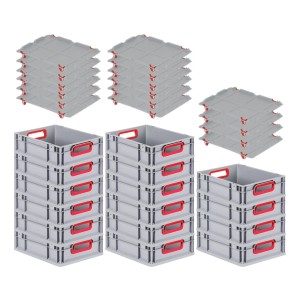 PROREGAL Spar Set: 16 graue Euroboxen mit roten Griffen und Auflagedeckel, gestapelt.