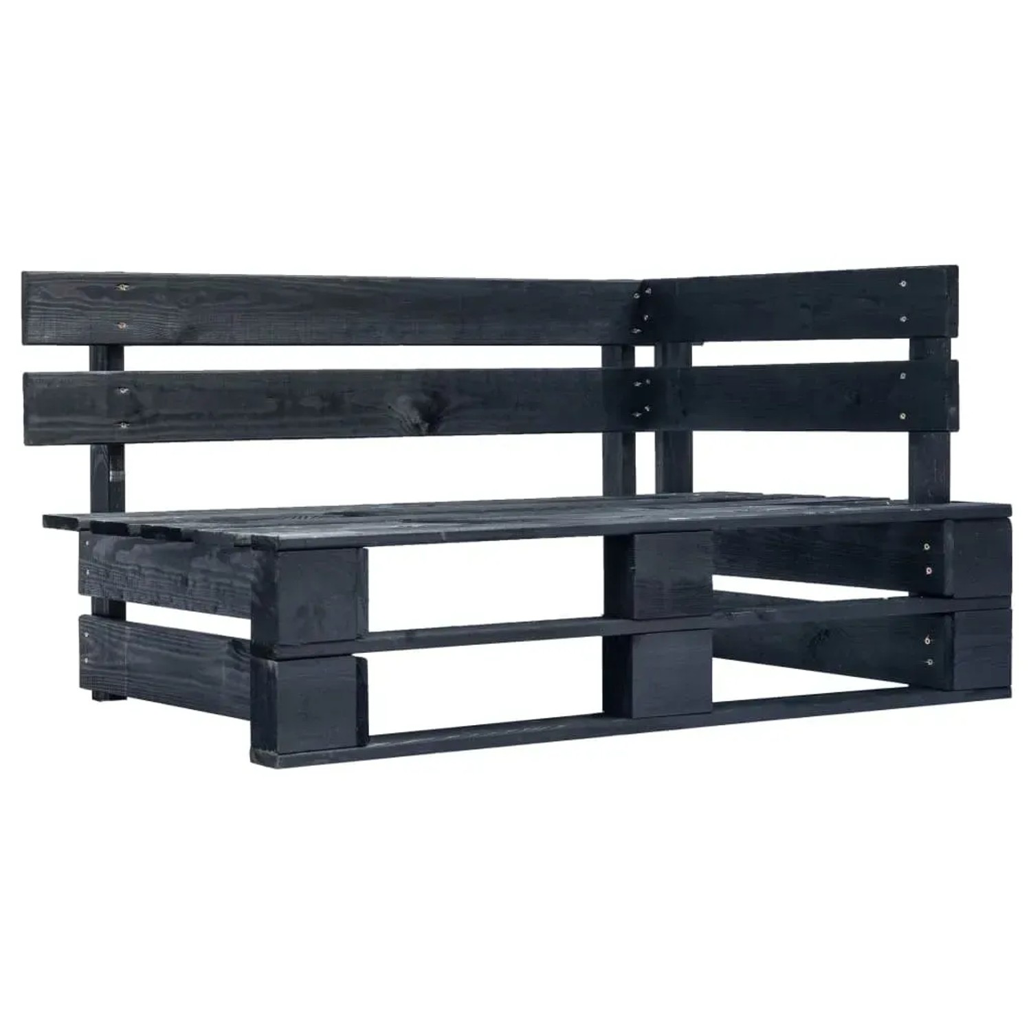 Schwarzes Paletten-Lounge-Eckteil aus imprägniertem Kiefernholz, Teil eines Gartenmöbel-Sets.