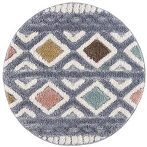 Runder payé Teppich Nara mit Rautenmuster im Boho-Stil, Pastell-Multi, 200x200 cm.