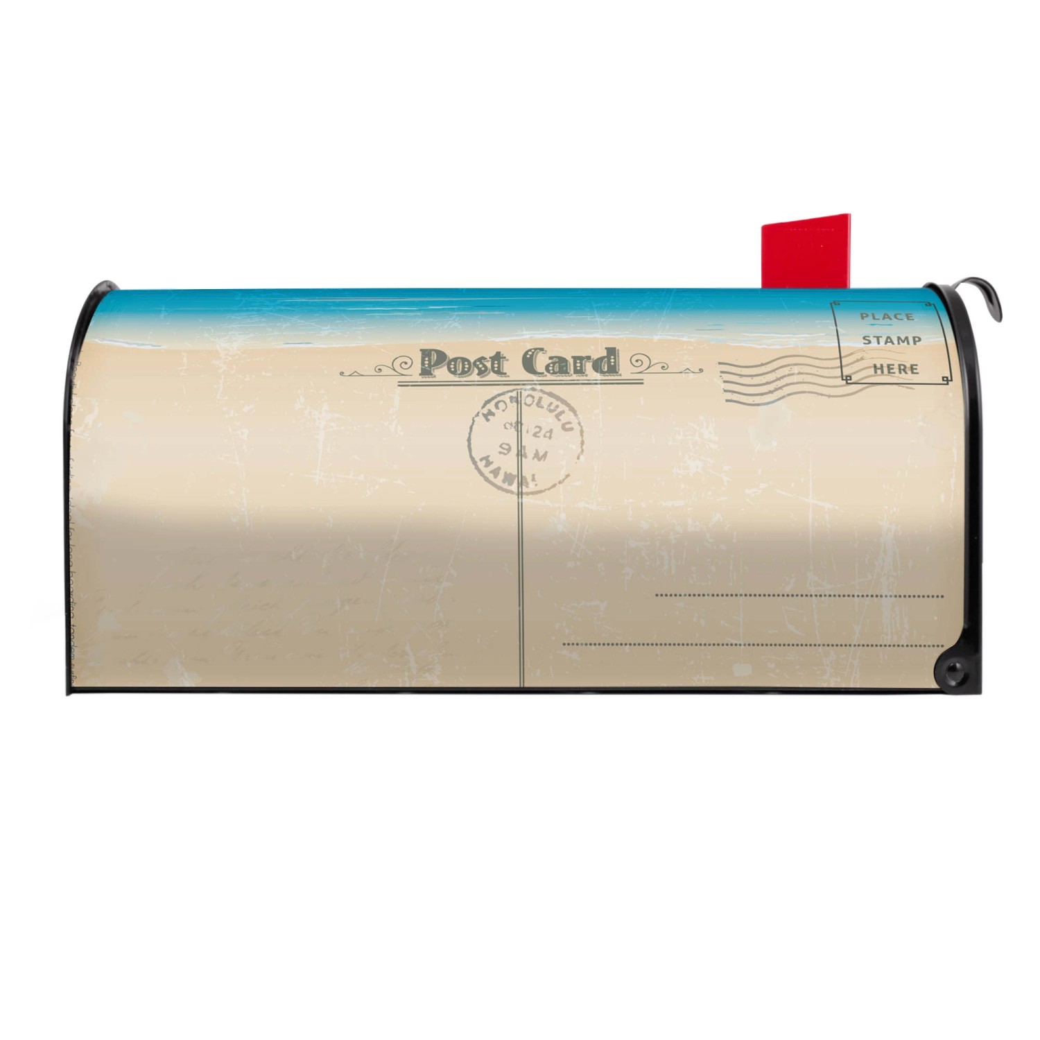 Schwarzer Banjado US Briefkasten mit Postkarten Motiv, Stahl pulverbeschichtet, 48x22x16cm.