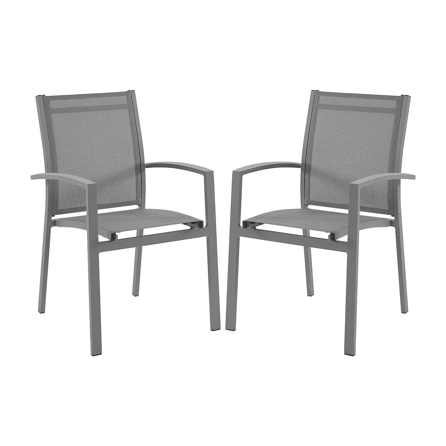 Zwei anthrazitgraue Vente-unique Telto Gartenstühle aus Aluminium mit Textilbespannung, stapelbar und modern.