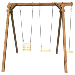 Soulet Holzschaukel Ulysse mit Babyschaukel, Schaukelsitz und Tellerwippe für sicheren Spielspaß im Garten.