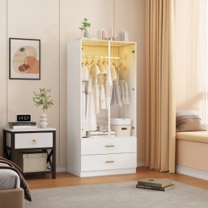 PXloue Kleiderschrank mit Stange&LED und Schublade für Ankleidezimmer und Schlafzimmer 80x50x175cm