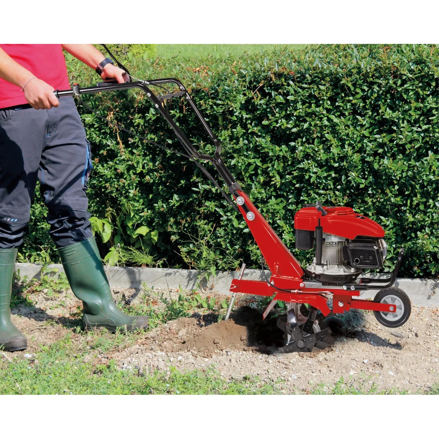 Rote Einhell GC-MT 2236 Benzin-Motorhacke bei der Bodenbearbeitung im Garten.