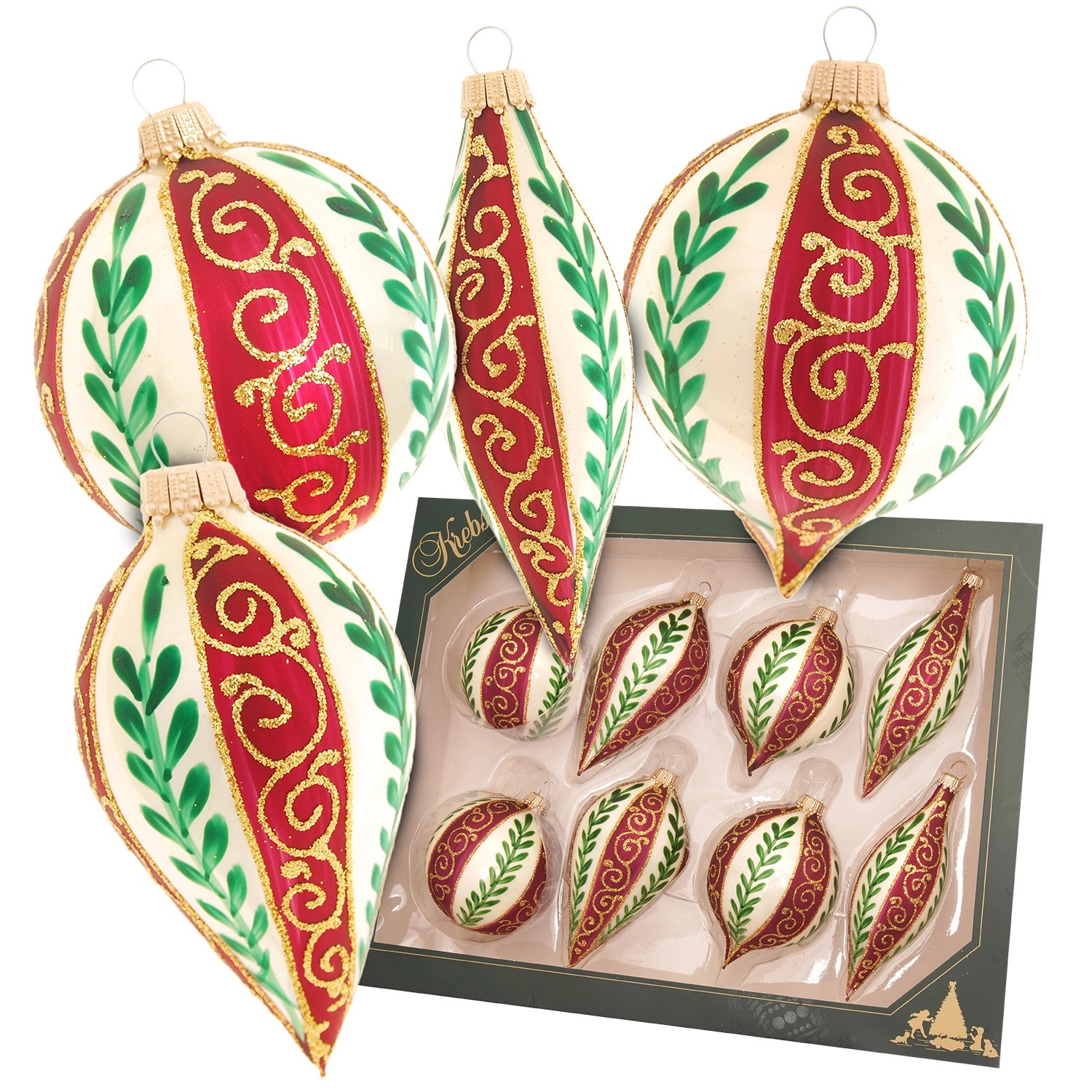 Krebs Glas Lauscha Weihnachtskugeln Lia mit Blätterranken Beige 7cm