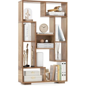 Modernes Bücherregal mit 9 offenen Fächern in Naturholzoptik, 120cm hoch, gefüllt mit Büchern und Deko.