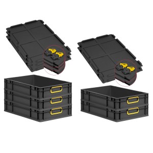 PROREGAL SuperSparSet: 5 schwarze Euroboxen mit gelben Griffen und Scharnierdeckel. Aufbewahrungsboxen stapelbar.