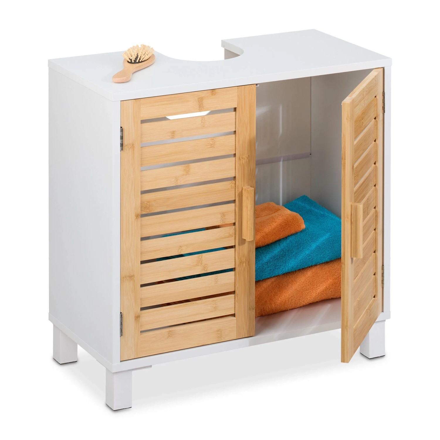 Relaxdays Waschbeckenunterschrank Bambus MDF Weiß Natur Mit Magnetverschluss und Siphonaussparung 60 cm x 60 cm x 32 cm 9,5 kg