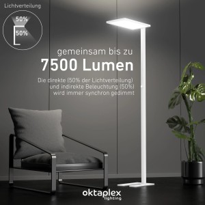 Weiße, dimmbare Oktaplex Malmö LED Stehlampe aus Aluminium mit 7500 Lumen für Büro und Arbeitszimmer.