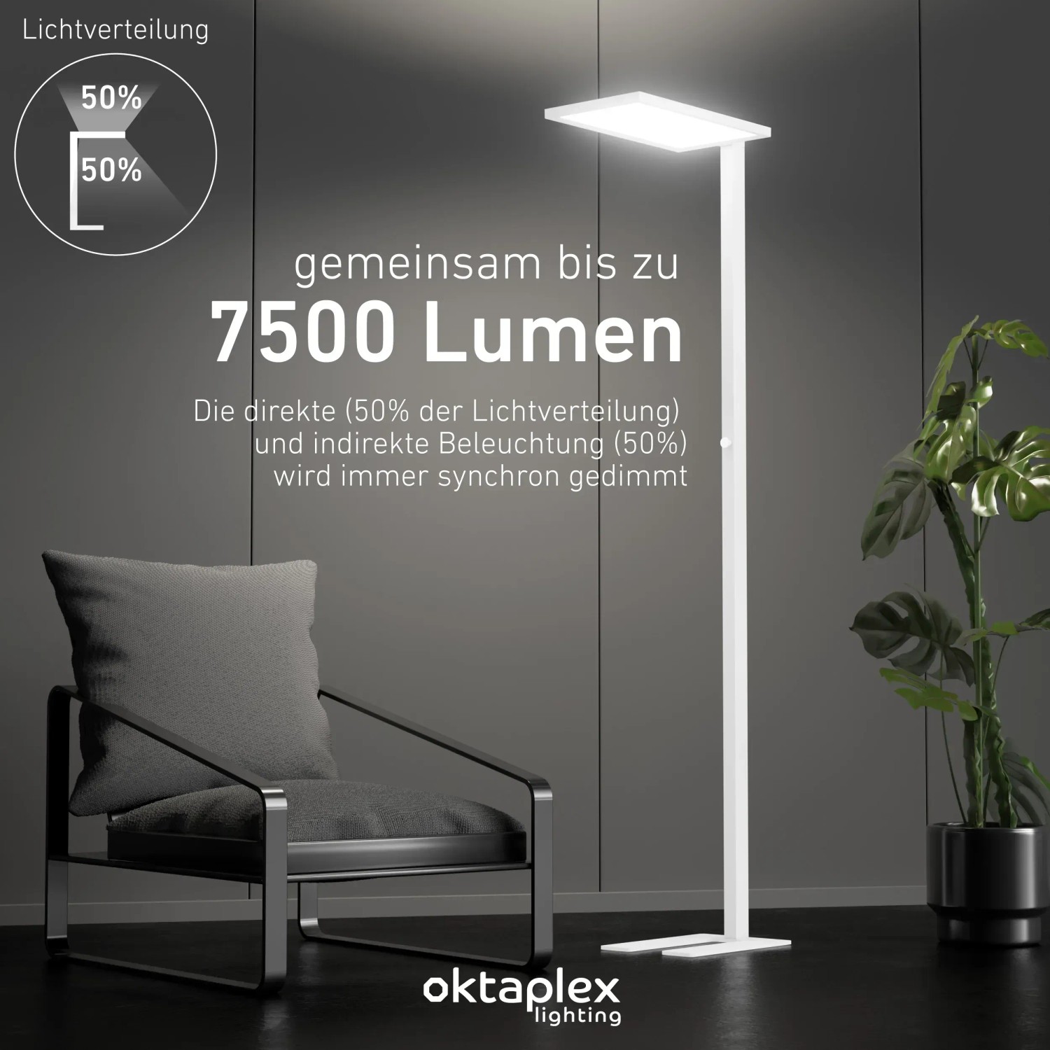 Weiße, dimmbare Oktaplex Malmö LED Stehlampe aus Aluminium mit 7500 Lumen für Büro und Arbeitszimmer.