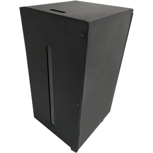 Schwarze Firefix Pelletsbox aus Stahl mit Rollen und Tankdeckel, 74x37x37 cm.