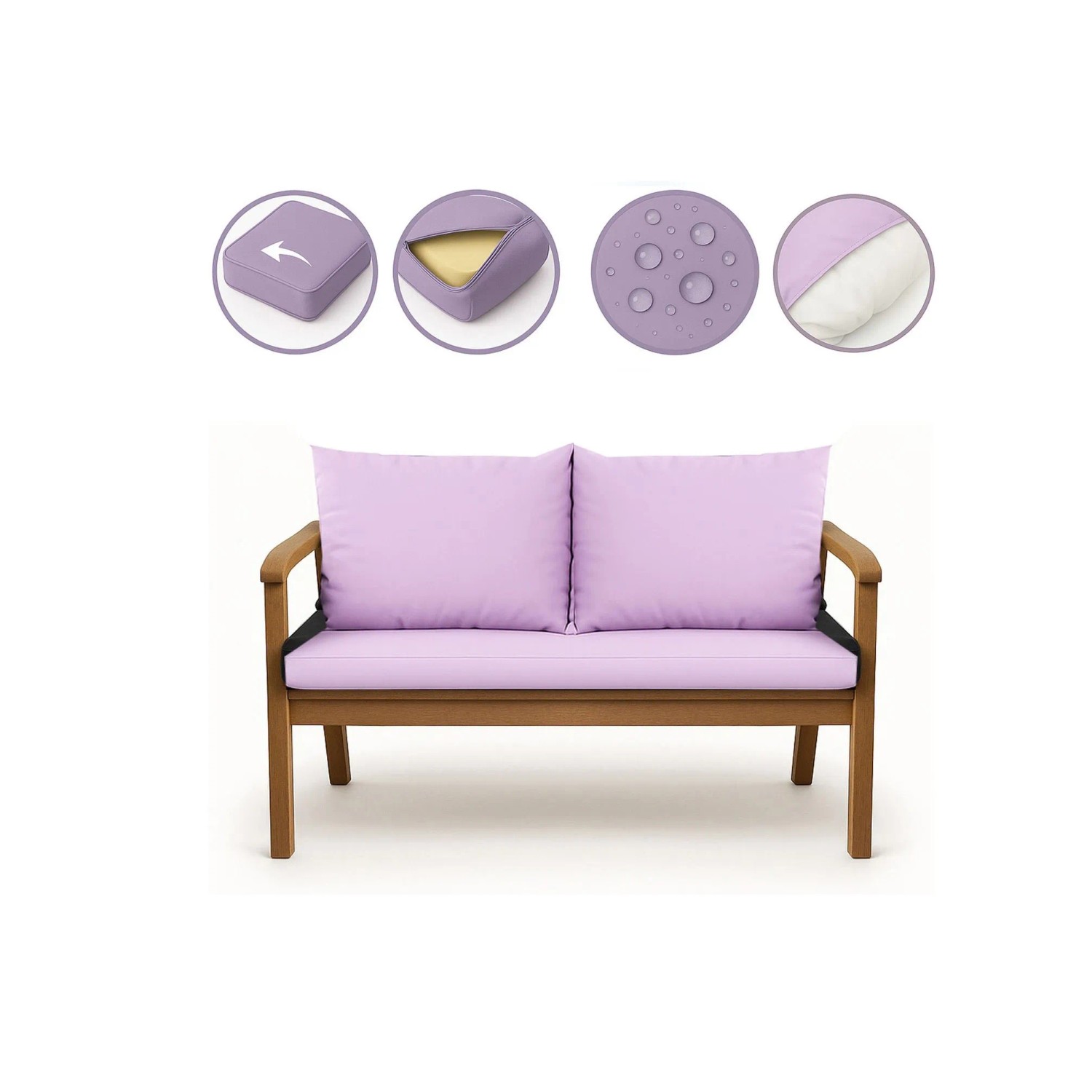 Lila Setgarden Bankkissen für 2-Sitzer Gartenbank, 100x60 + 2x50x56 cm.