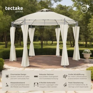 Cremefarbener Tectake Gartenpavillon Siana Ø 3,5 m mit Seitenteilen und Metallrahmen.