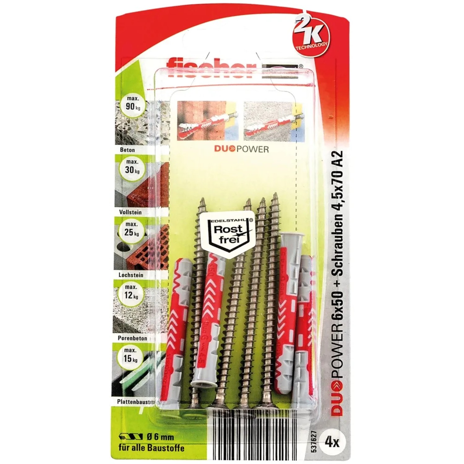 Fischer Dübel DuoPower Ø 6 mm x 50 mm S mit Schrauben