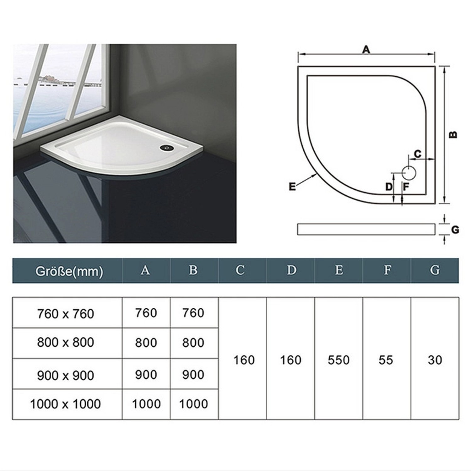 Duschparadies Duschwanne Duschtasse 90x90x3cm für Duschkabine Duschwand Walk-in Dusche Kunststein Acrylbeschichtung Viertelkreis Runddusche Weiß_4