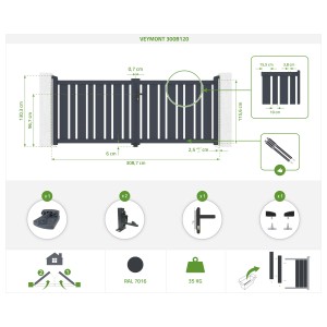 Casanoov Flügeltor Veymont 3x1,2m, inkl. 2 Pfosten 166cm, grau. Gartentor-Set mit Zubehör.