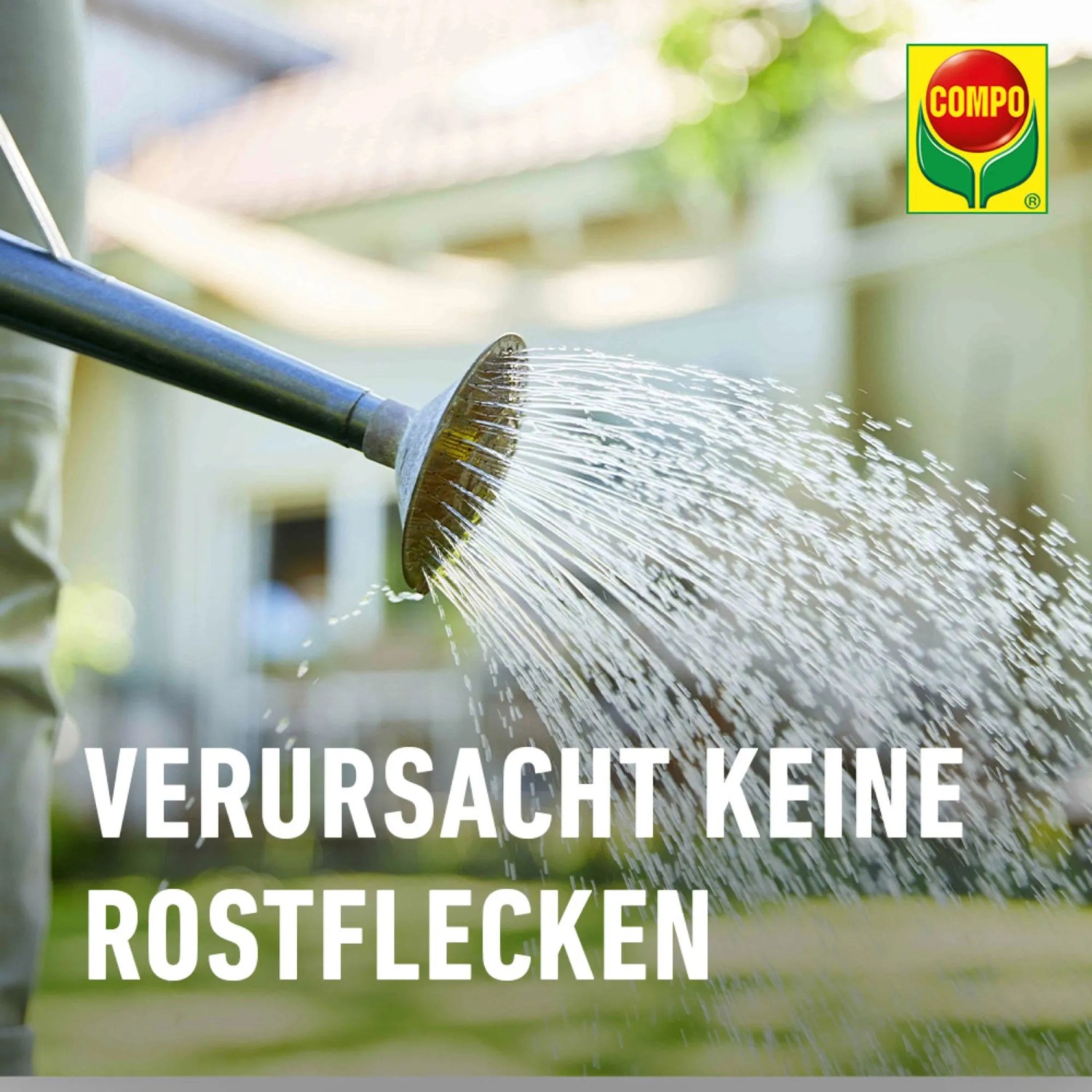 Gießkanne bewässert Rasen mit Compo Bio Rasen Moosfrei Herbistop, verursacht keine Rostflecken.