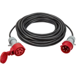 Schwarzes Verlängerungskabel für Außenbereich mit rotem Stecker und Kupplung.