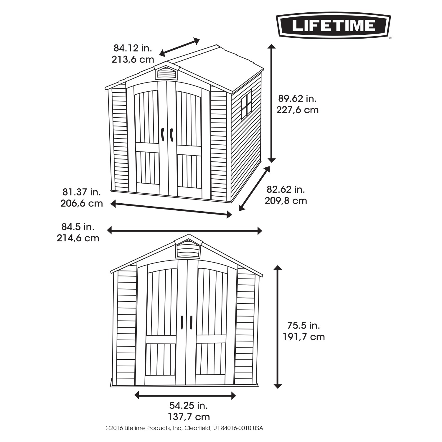 Skizze Lifetime Gerätehaus Fox, anthrazitgrau, mit Maßangaben.