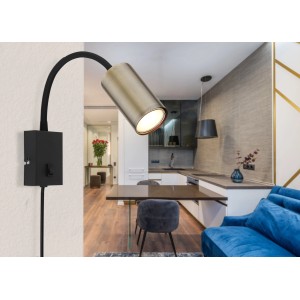 Schwarze Globo Wandlampe Robby mit Flexarm und altmessingfarbenem Lampenkopf. Wandleuchte für GU10 Leuchtmittel.