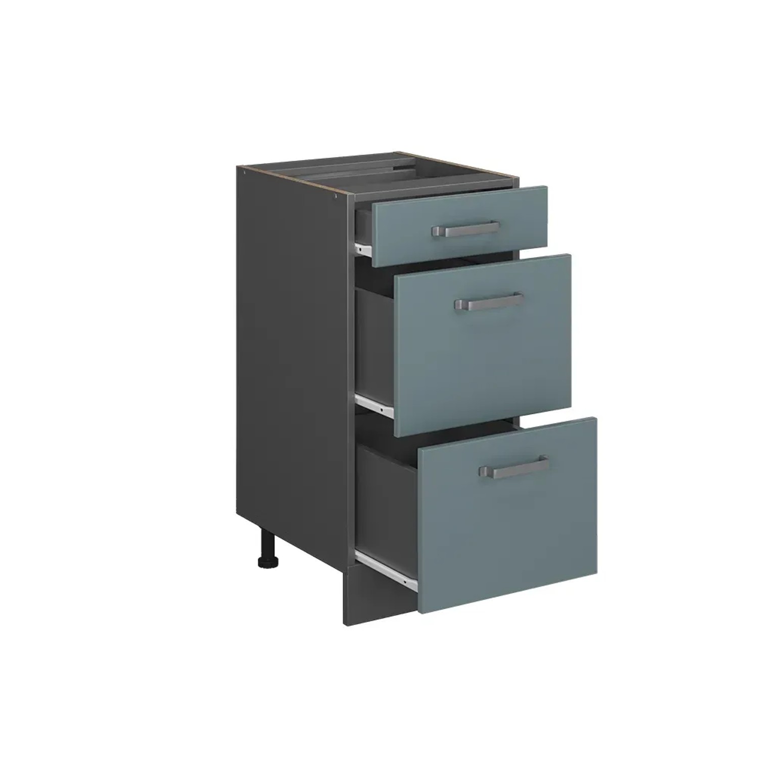 Vicco Küchenunterschrank R-Line, blau-graue Schubladen, anthrazitfarbener Korpus, Eiche Arbeitsplatte, 40 cm breit.