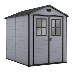 Keter Gerätehaus Lineus, 3,9 m², grau. Kunststoff-Gartenhaus mit Doppeltür und Fenstern.