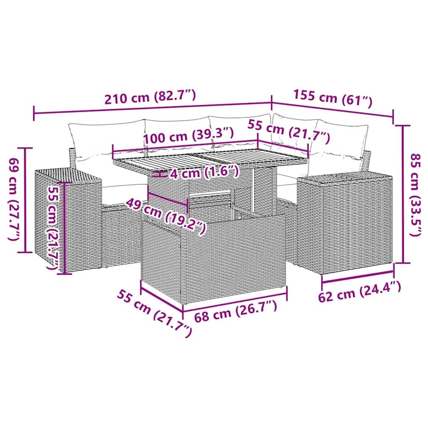 vidaXL 5-Tlg. Garten-Sofagarnitur, grau, Poly Rattan, mit Maßen. Ideal für Terrasse und Garten.