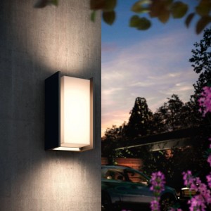 Anthrazitfarbene Philips Hue Turaco Wandleuchte mit Weiß- und Farblicht an Hauswand.