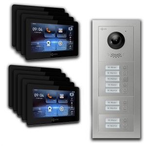 Goliath IP Video Türsprechanlage für 9 Familien mit 7-Zoll-Touchscreens und Unterputz-Außenstation in Silber/Schwarz.
