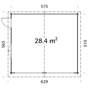 Grundriss Palmako Holzgarage Roger, braun, 575x510 cm, mit Tür und Fenster.