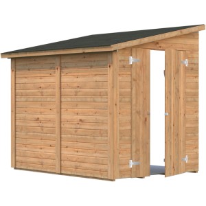 Palmako Mia Gartenhaus aus Holz, braun, mit Pultdach, 222x165 cm. Offene Tür sichtbar.
