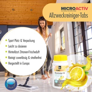 Microactiv Allzweckreiniger Tabs: Frau wischt Boden, Dose mit Reiniger Tabs und Zitrone.