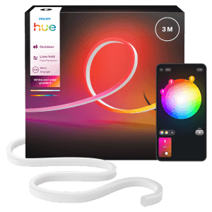 Philips Hue Outdoor Lightstrip Gradient Neon 3m mit App-Steuerung für smarte Gartenbeleuchtung.