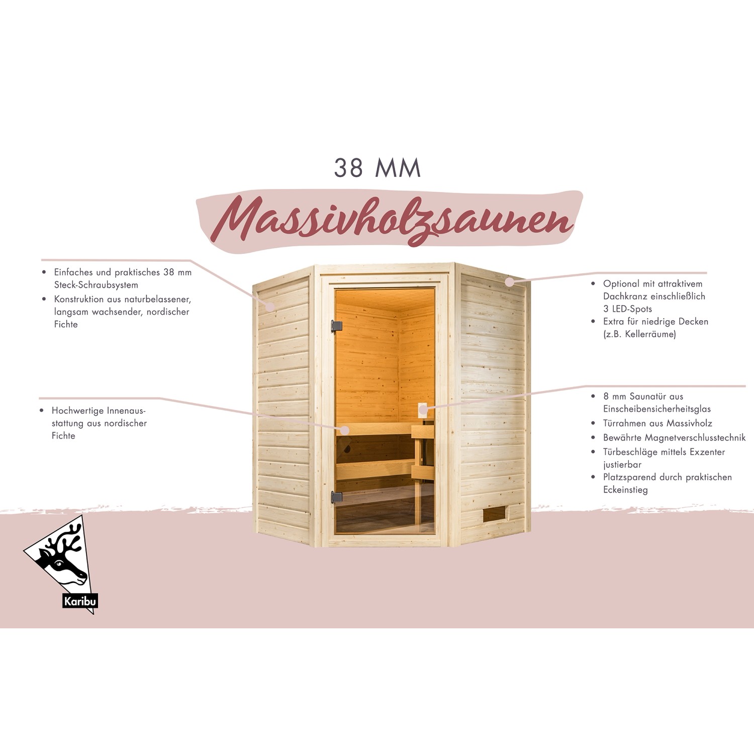 Karibu Sauna "Rabea Eckeinstieg" Naturbelassen mit Ofen 3,6 kW Integriert_3