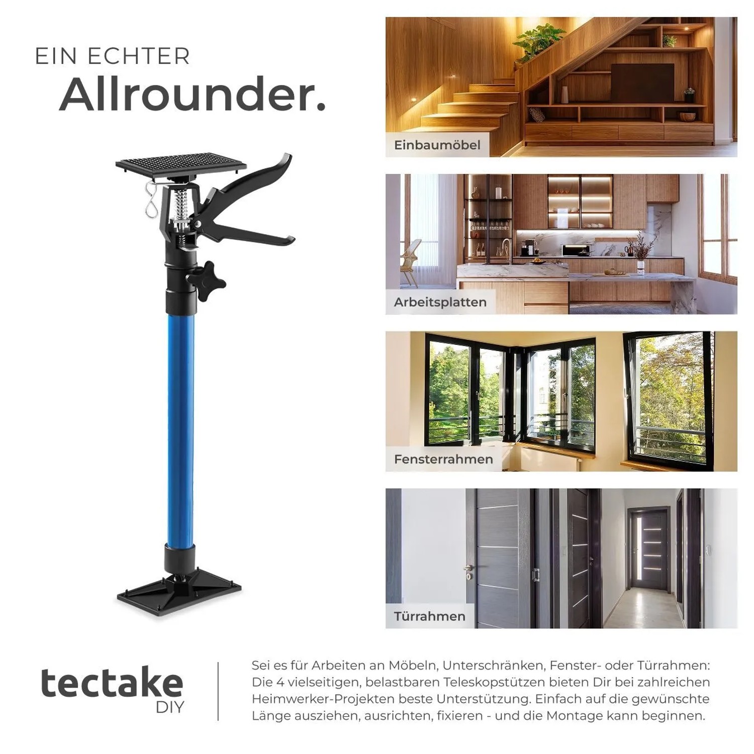 Tectake Türspanner 4er Set, blau, höhenverstellbar für Werkzeug-Sets und Montagearbeiten.