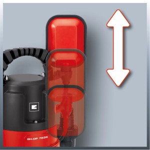 Einhell GC-DP 7835 Schmutzwasserpumpe mit verstellbarem Schwimmerschalter und Funktionspfeil.