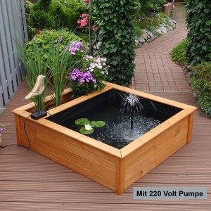 Promadino Hochteich mit Pumpe und 4 Pflanzzonen aus Kiefernholz, 146x146x40 cm.
