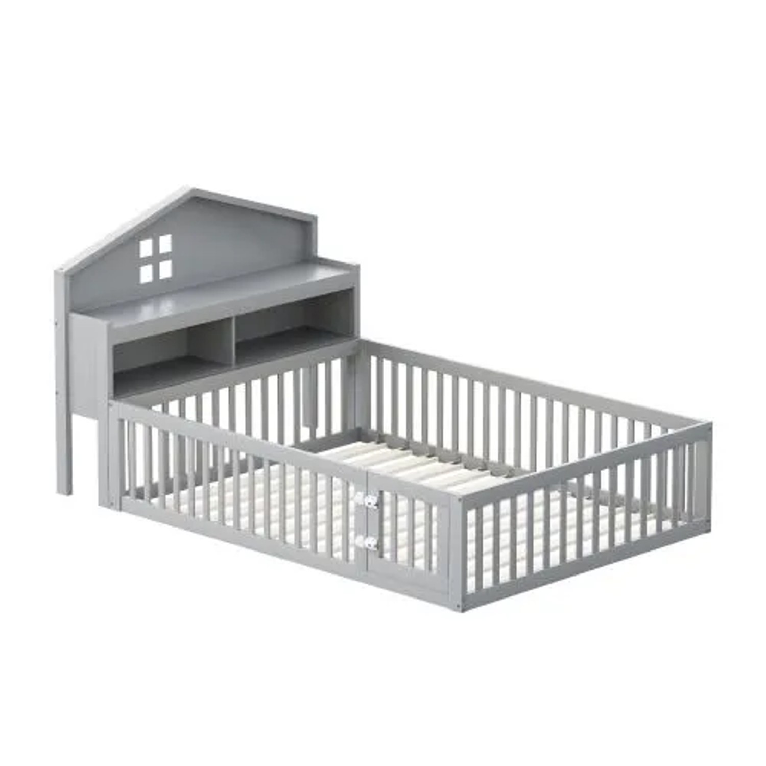 KOMHTOM Kinderbett 140 x 200 Cm  Stauraumbett Mit Regalen  Bilderleiste  Sicherheitsgitter  Tür Und Lattenrost  Massivholz  Grau
