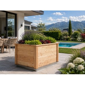 KGT Woody Hochbeet aus Lärchenholz auf Terrasse mit Pflanzen, Garten und Pool. Ideal für Gemüse & Kräuter.