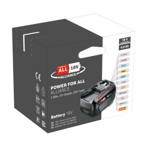Schwarzer Bosch 18V 4Ah Lithium-Ion Ersatzakku für Elektrowerkzeuge mit Verpackung und Power for All Alliance Logo.