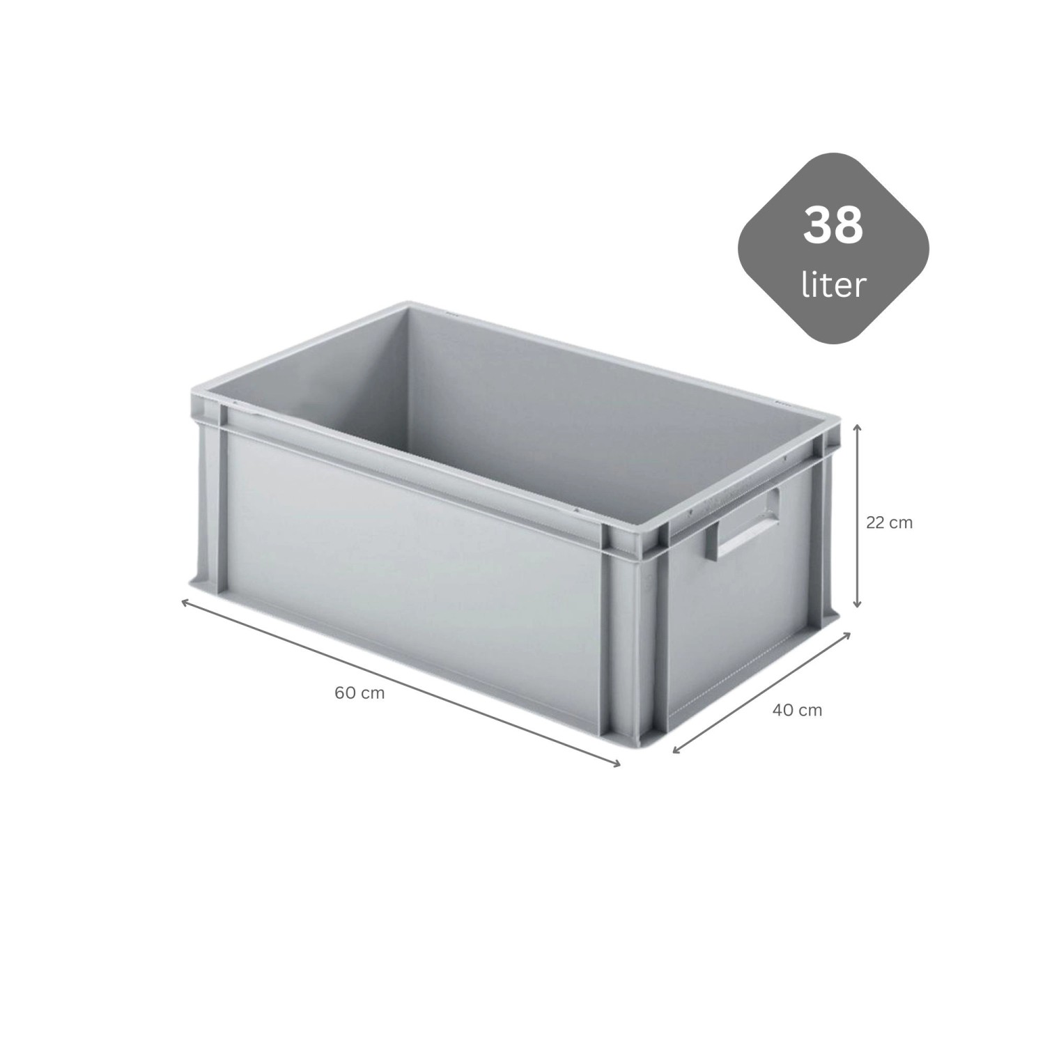 Graue PROREGAL Eurobox (38 Liter) mit geschlossenem Griff, 40x60x22 cm, für Lagerung und Transport.