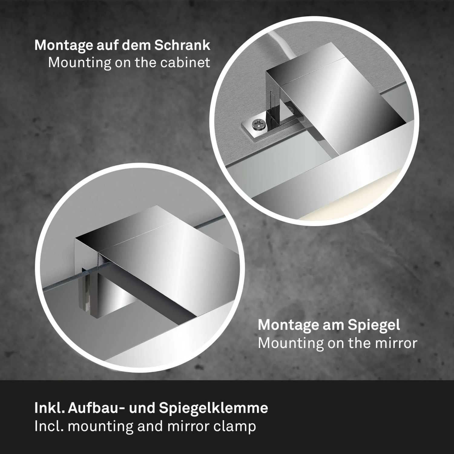 Detailaufnahme: Briloner Lago Spiegelleuchte mit Montageoptionen für Schrank und Spiegel.