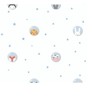 Vliestapete mit Tiermotiven in Blau und Weiß für das Kinderzimmer.