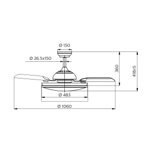 Technische Zeichnung: Philips LED DC-Deckenleuchte Bliss mit Ventilator, Maße und Durchmesser.