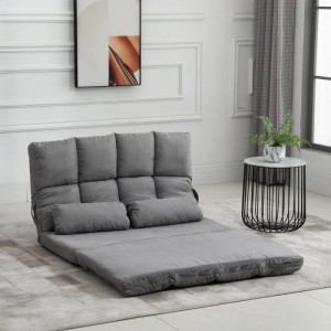 Grauer HOMCOM Bodenstuhl 2-in-1 Sofa, als Bett ausgeklappt, mit verstellbarer Rückenlehne und Kissen.