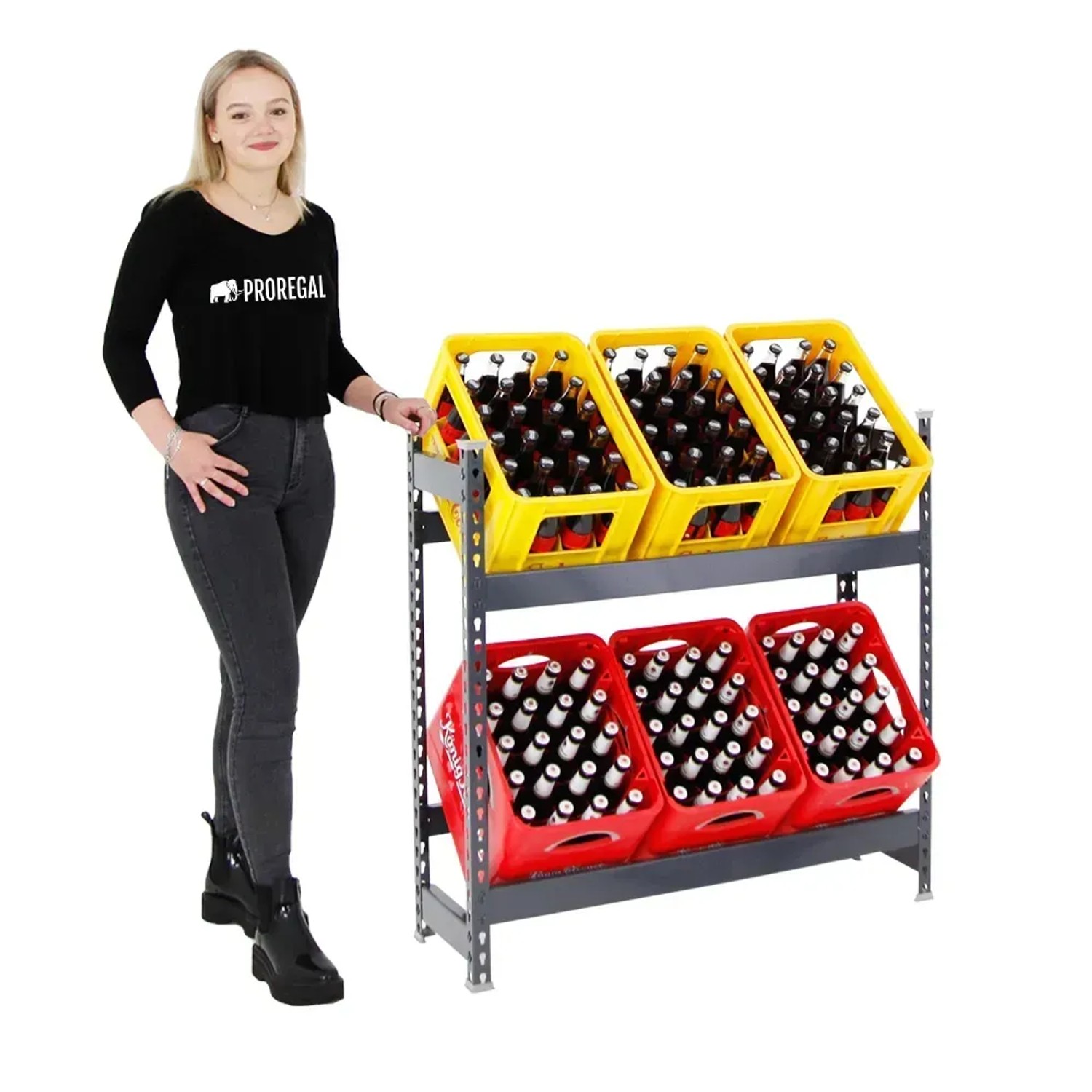 PROREGAL Getränkekistenregal Camel, anthrazit, mit gelben und roten Kisten. Regale & Regalböden.
