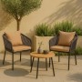 Zwei anthrazitfarbene MCW Gartenstühle N41 mit taupefarbenen Kissen und Seilgeflecht auf einer Terrasse.