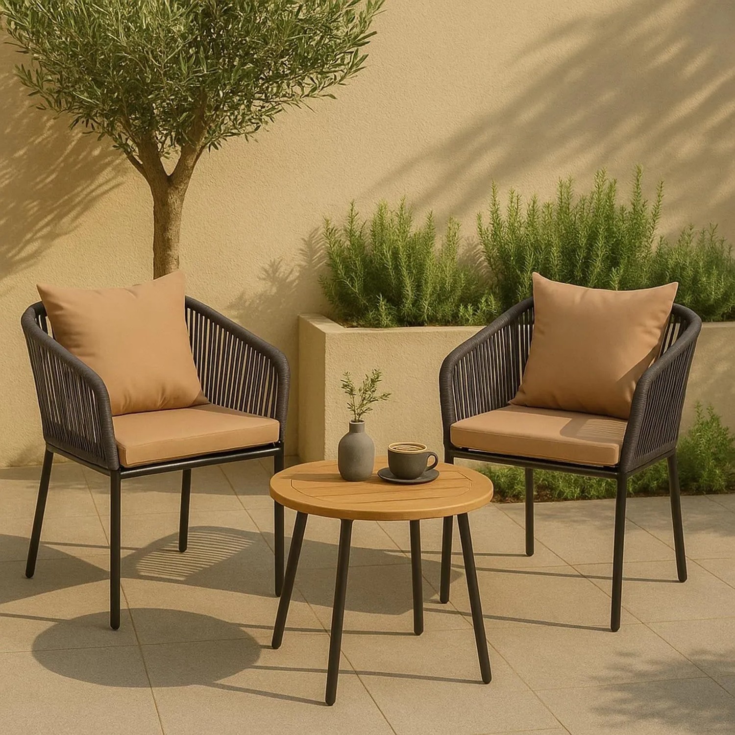 Zwei anthrazitfarbene MCW Gartenstühle N41 mit taupefarbenen Kissen und Seilgeflecht auf einer Terrasse.