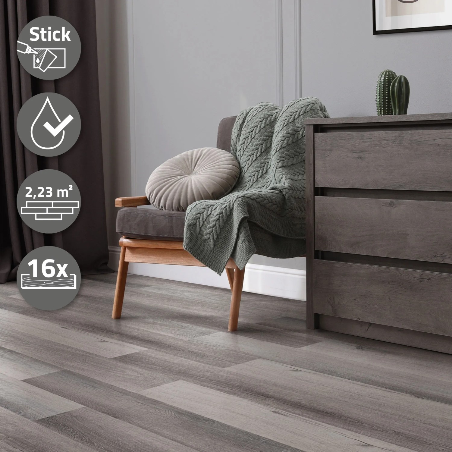 ML-Design Vinylboden Kiefer Grau, selbstklebend, 16 Dielen (2,23 m²).