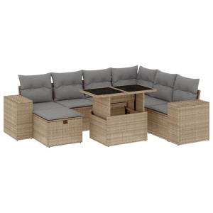 Beige 8-tlg. vidaXL Garten-Sofagarnitur aus Poly Rattan mit Tisch, Hocker und hellgrauen Kissen.
